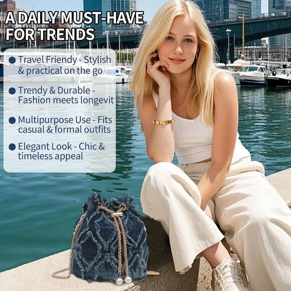 Blue Denim Purses for Women, Jean Bucket Bags, Crossbody Hobo Drawstring Handbag - Picture 5 of 7